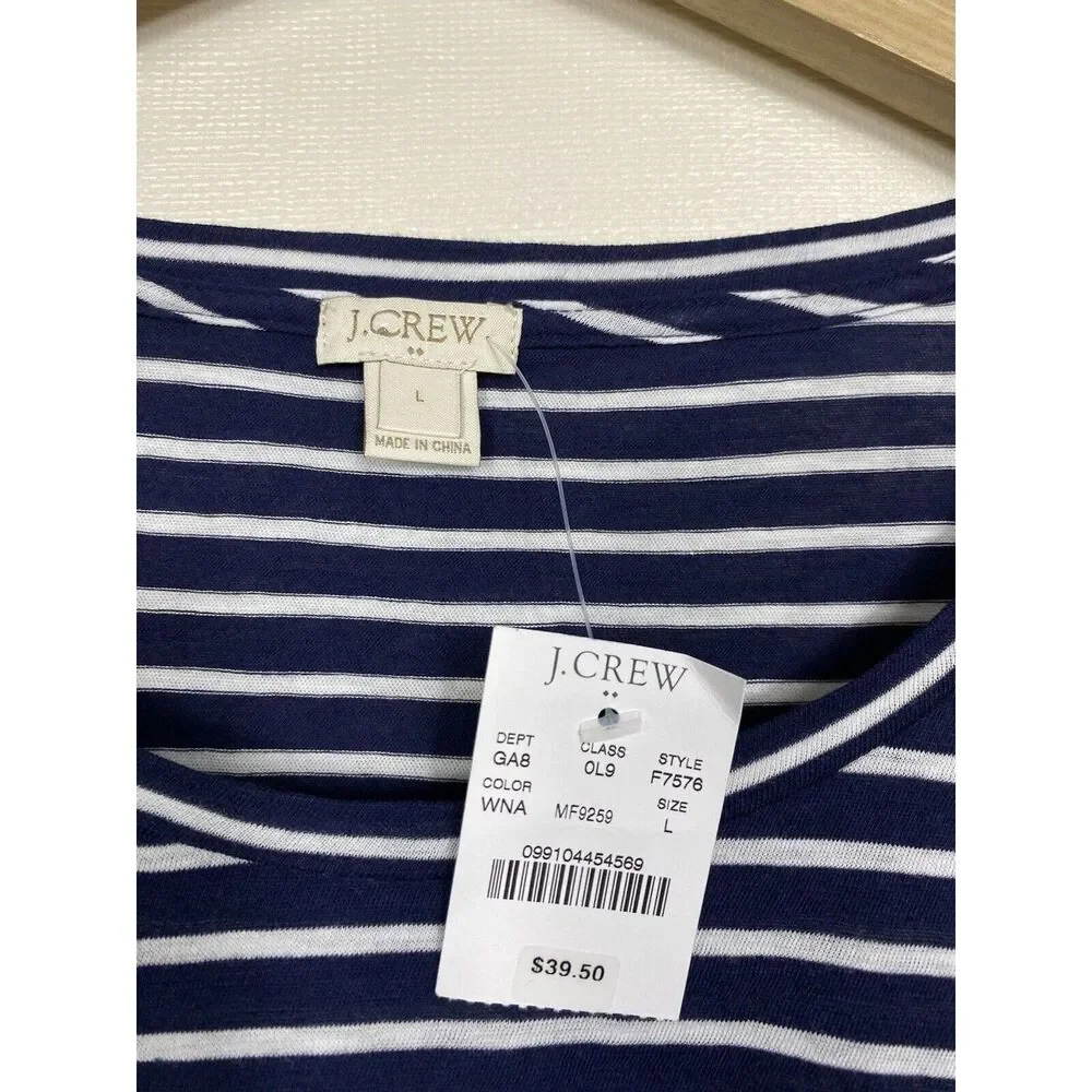 J. Crew Womens Top Sz L Lace Hem Short Sleeve‎ Blue White Stripe Nautical Preppy